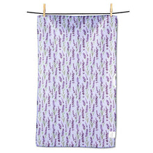 Load image into Gallery viewer, Double-sided kitchen towel with repeating lavender sprigs pattern in purple, hanging on a line with clothespins
