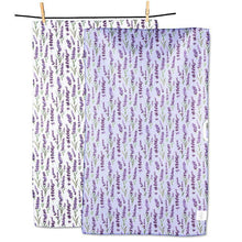 Load image into Gallery viewer, Double-sided kitchen towel with repeating lavender sprigs pattern in purple, hanging on a line with clothespins
