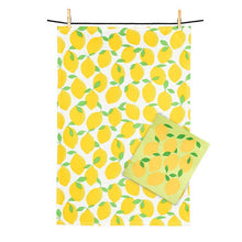 Load image into Gallery viewer, Lemon print kitchen towel with matching green dishcloth in yellow and green
