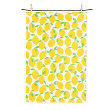 Load image into Gallery viewer, Lemon print kitchen towel with matching green dishcloth in yellow and green
