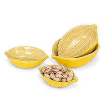 Load image into Gallery viewer, Set of four yellow ceramic lemon-shaped nesting bowls with citrus pattern detailing inside

