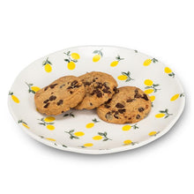 Load image into Gallery viewer, White bone china appetizer plate with scattered yellow lemon and green leaf pattern
