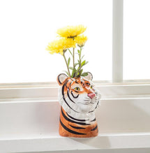 Load image into Gallery viewer, Ceramic tiger head bud vase in orange, white, and black with a small opening at the top, shown on a white background
