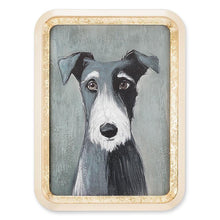 Load image into Gallery viewer, Gold-framed wall art featuring a black-and-white terrier dog portrait on a muted grey background
