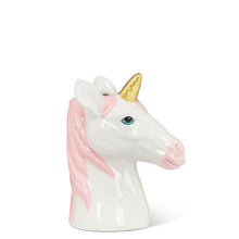 Load image into Gallery viewer, Ceramic unicorn head bud vase in glossy white with a pink mane and gold horn, featuring a small opening at the top, shown on a white background

