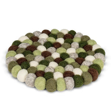 Load image into Gallery viewer, Hand-felted green wool felt ball trivet made in Nepal, fair-trade.
