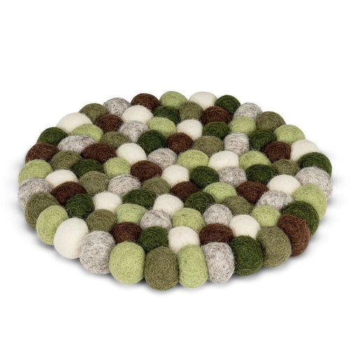 Hand-felted green wool felt ball trivet made in Nepal, fair-trade.