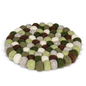 Hand-felted green wool felt ball trivet made in Nepal, fair-trade.