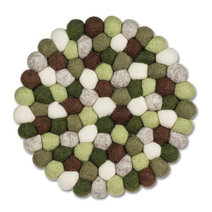 Hand-felted green wool felt ball trivet made in Nepal, fair-trade.