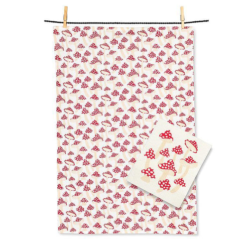 Mushroom dishcloth and cotton kitchen towel set with red toadstools on white