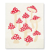 Load image into Gallery viewer, Mushroom dishcloth and cotton kitchen towel set with red toadstools on white
