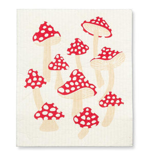 Mushroom dishcloth and cotton kitchen towel set with red toadstools on white