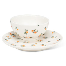 Load image into Gallery viewer, White bone china orange sprig tabletop collection with matching appetizer plate and snack bowl
