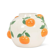 Load image into Gallery viewer, Round ivory porcelain vase with raised orange fruit and green leaf details

