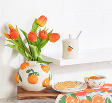 Load image into Gallery viewer, White bone china orange sprig tabletop collection with matching appetizer plate and snack bowl
