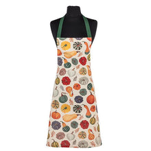 Load image into Gallery viewer, White cotton apron with painterly gourds pattern and green straps
