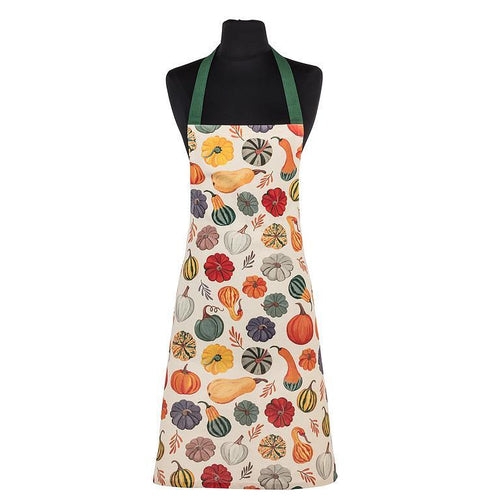 White cotton apron with painterly gourds pattern and green straps