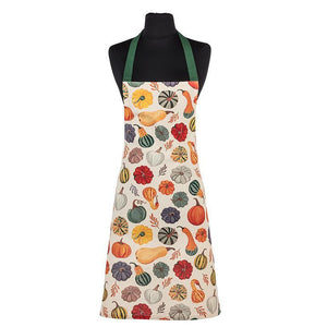 White cotton apron with painterly gourds pattern and green straps