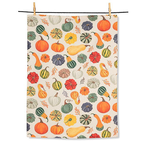 Cotton kitchen towel with painterly gourds and pumpkin pattern in orange and green