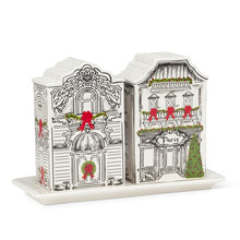 Load image into Gallery viewer, Ceramic Parisian storefront salt and pepper shaker set with festive garland and red bow details on a tray
