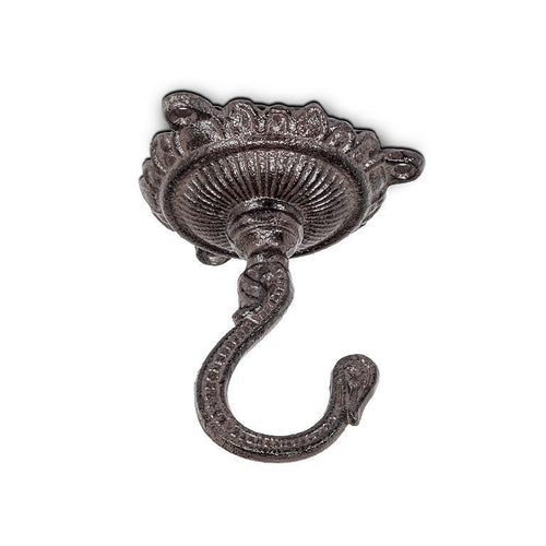 Cast-iron ceiling hook with rosette canopy and curved hook, antique iron finish, 4 inches high.
