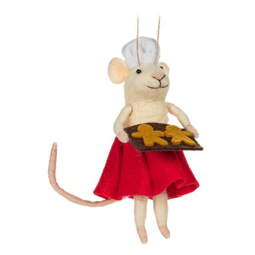 Wool-felt pastry chef mouse ornament holding a cookie tray and wearing a white chef hat and red skirt.
