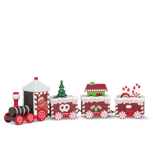 Small red-and-pink wooden gingerbread holiday train with candy canes and frosted details