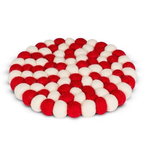 Red and ivory hand-felted wool ball trivet, fair-trade from Nepal