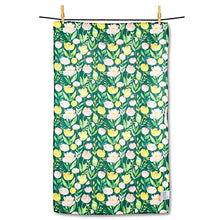Load image into Gallery viewer, Double-sided kitchen towel with pastel pink and yellow floral pattern, hanging on a line with clothespins
