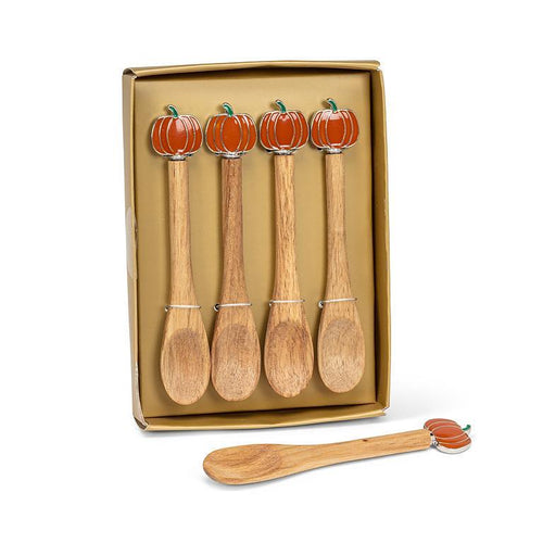 Set of four acacia wood mini spoons with enamel pumpkin toppers in a gift box