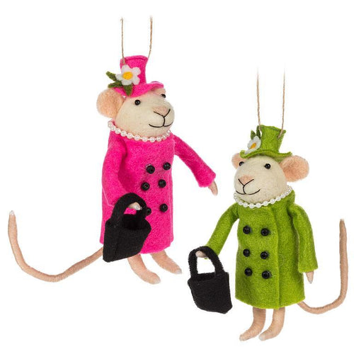 Queen Elizabeth–inspired wool-felt mouse ornaments in pink and green coats with hats and handbags, set of two.