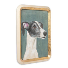 Load image into Gallery viewer, Gold-framed wall art featuring a painted greyhound portrait in profile on a muted green-grey background
