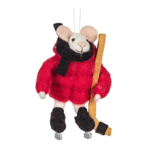 Wool-felt mouse ornament in red parka holding a hockey stick and wearing skates.