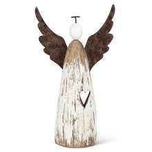 Load image into Gallery viewer, Set of three rustic wood-and-metal angel figurines—10.5&quot;, 6&quot; and 4.5&quot;—antique white with rusted wings and halo.
