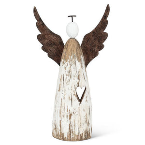 Set of three rustic wood-and-metal angel figurines—10.5", 6" and 4.5"—antique white with rusted wings and halo.