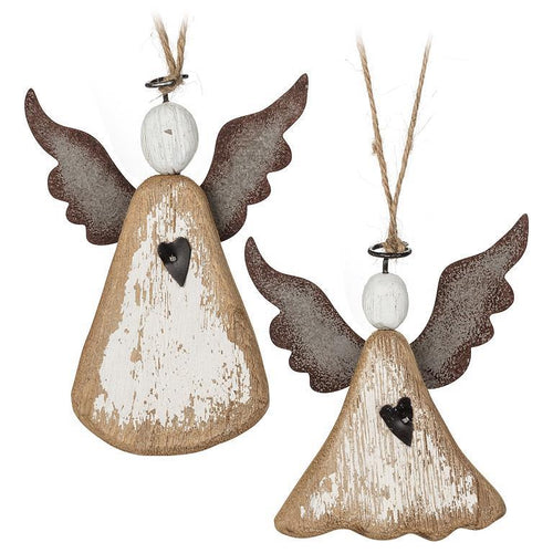 Set of two rustic wood-and-metal angel ornaments with antique-white bodies, brown wings and jute hangers, 5
