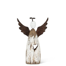 Load image into Gallery viewer, Set of three rustic wood-and-metal angel figurines—10.5&quot;, 6&quot; and 4.5&quot;—antique white with rusted wings and halo.
