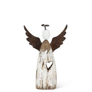 Set of three rustic wood-and-metal angel figurines—10.5", 6" and 4.5"—antique white with rusted wings and halo.