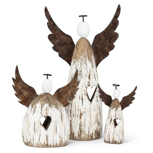 Set of three rustic wood-and-metal angel figurines—10.5