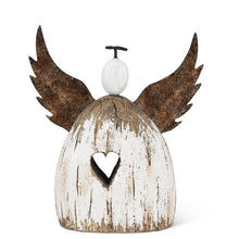 Load image into Gallery viewer, Set of three rustic wood-and-metal angel figurines—10.5&quot;, 6&quot; and 4.5&quot;—antique white with rusted wings and halo.

