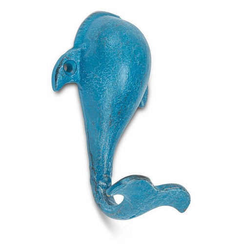 Cast-iron whale wall hook, 4.5 inches tall with a gently weathered finish