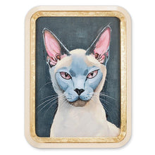 Load image into Gallery viewer, Gold-framed wall art featuring a Siamese cat portrait with blue eyes and pink-toned ears on a dark grey
