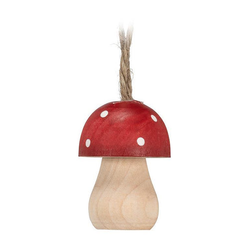 Small wooden toadstool ornament with red dotted cap and natural stem, 1.5 inches tall