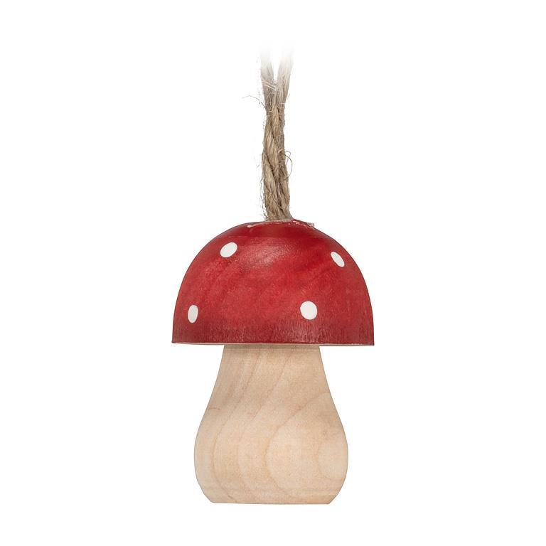 Small wooden toadstool ornament with red dotted cap and natural stem, 1.5 inches tall
