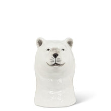 Load image into Gallery viewer, Ceramic polar bear head bud vase in glossy white with black detailing and a small opening at the top, shown on a white background
