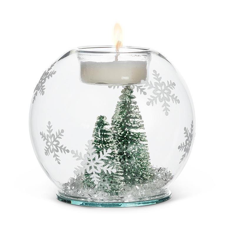 Snowy Grove Votive—glass globe with snowflake etching, bottle-brush trees inside, votive holder on top