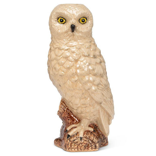 Glossy ivory snowy owl stoneware vase, 12 inches tall, with narrow 1.5 inch opening