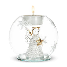 Load image into Gallery viewer, Starbright Angel Votive—glass globe with snowflake etching, angel holding gold star inside, votive cup on top
