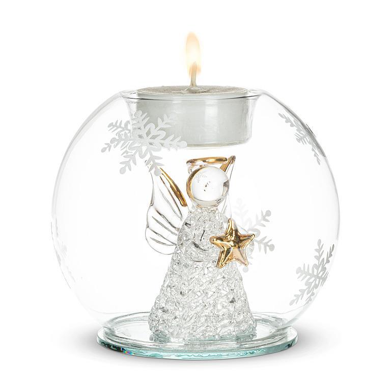 Starbright Angel Votive—glass globe with snowflake etching, angel holding gold star inside, votive cup on top