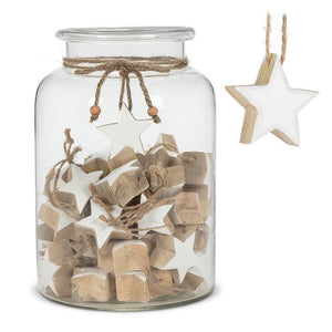 Glass jar filled with 60 mangowood star ornaments with jute hangers